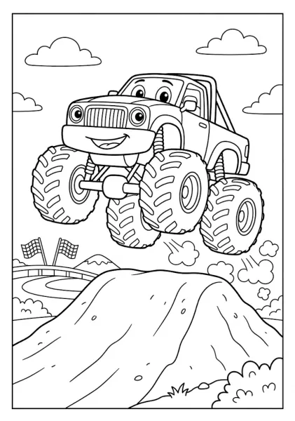 Monster truck leaping high into the air over a big dirt mound Monster Truck Coloring Pages
