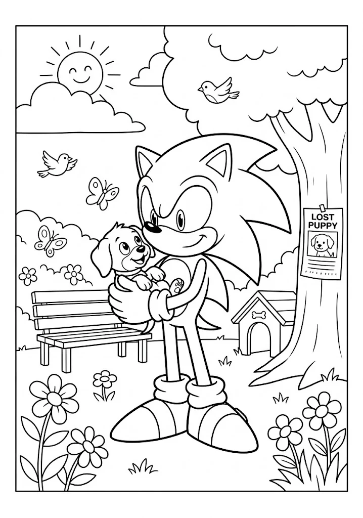 Sonic holding a lost puppy in a park near a tree with a lost puppy poster and dog house Sonic Coloring Pages