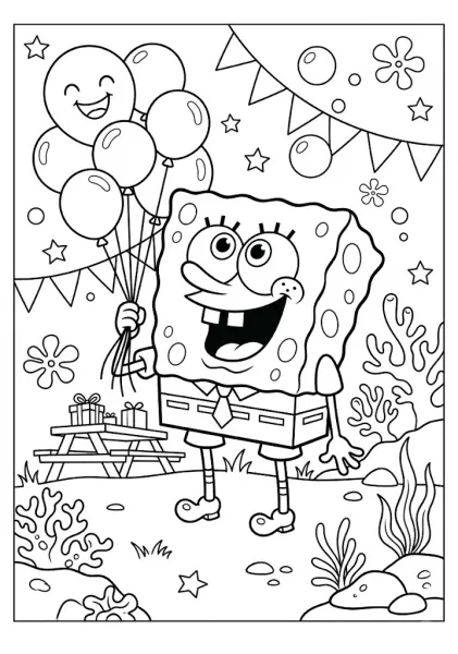 SpongeBob SquarePants holding a bundle of party balloons next to a picnic table with presents and bunting banners SpongeBob Coloring Pages