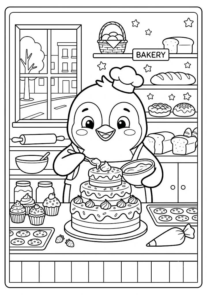 Cute penguin wearing a baker hat decorating a three tier cake in a bakery with cupcakes bread and rolling pin Penguin Coloring Pages