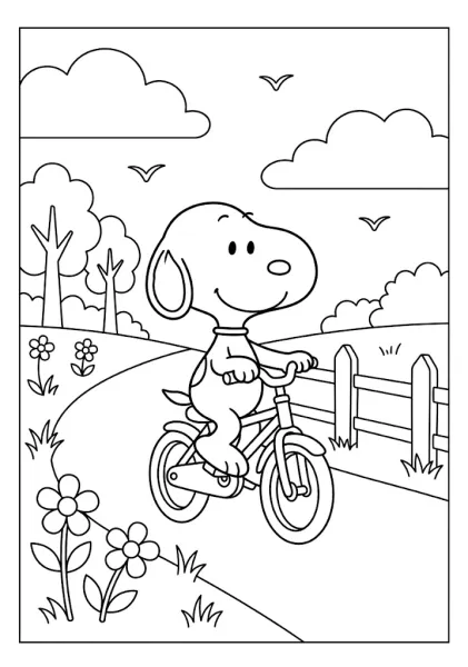 Snoopy riding a bicycle down a path next to a wooden fence with flying birds Snoopy Coloring Pages
