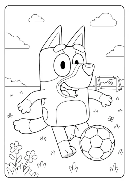 A4 vector coloring page featuring a happy Bluey kicking a soccer ball on a grassy field with a goalpost in the back