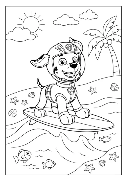 Marshall riding a surfboard on a ocean wave near the beach with fish and a palm tree