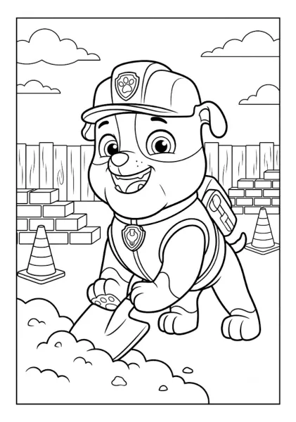 Rubble holding a shovel digging dirt on a construction site with bricks and traffic cones