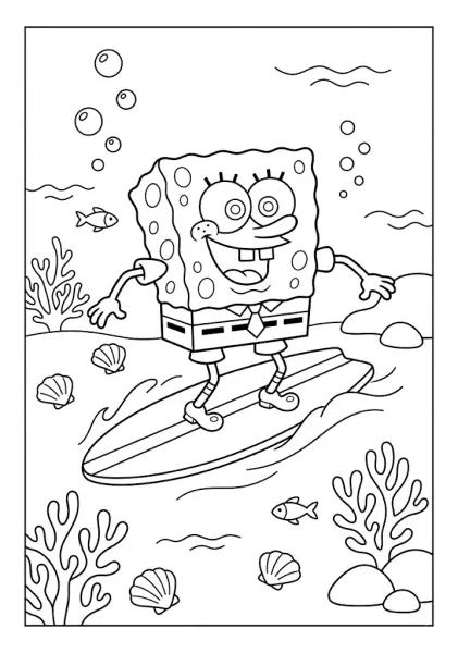 SpongeBob SquarePants riding a surfboard on an underwater wave with seashells and corals SpongeBob Coloring Pages
