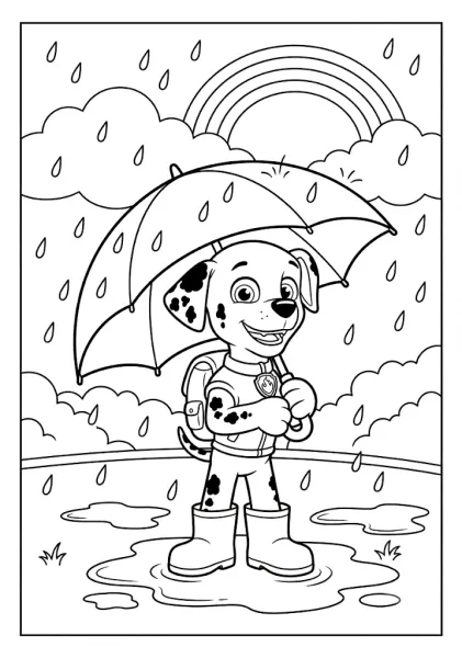 Marshall holding an umbrella in rain boots standing in a water puddle with a rainbow behind