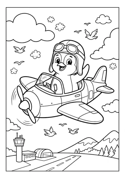 Cute penguin wearing an aviator helmet and goggles flying a propeller airplane above an airport runway with clouds and birds Penguin Coloring Pages