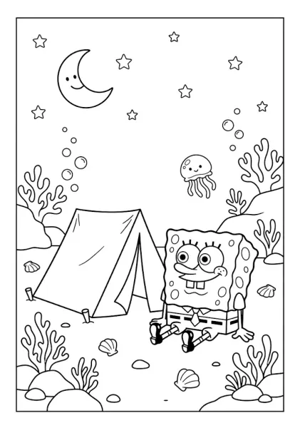 SpongeBob SquarePants sitting in front of a tent under a starry night sky with a smiling crescent moon SpongeBob Coloring Pages