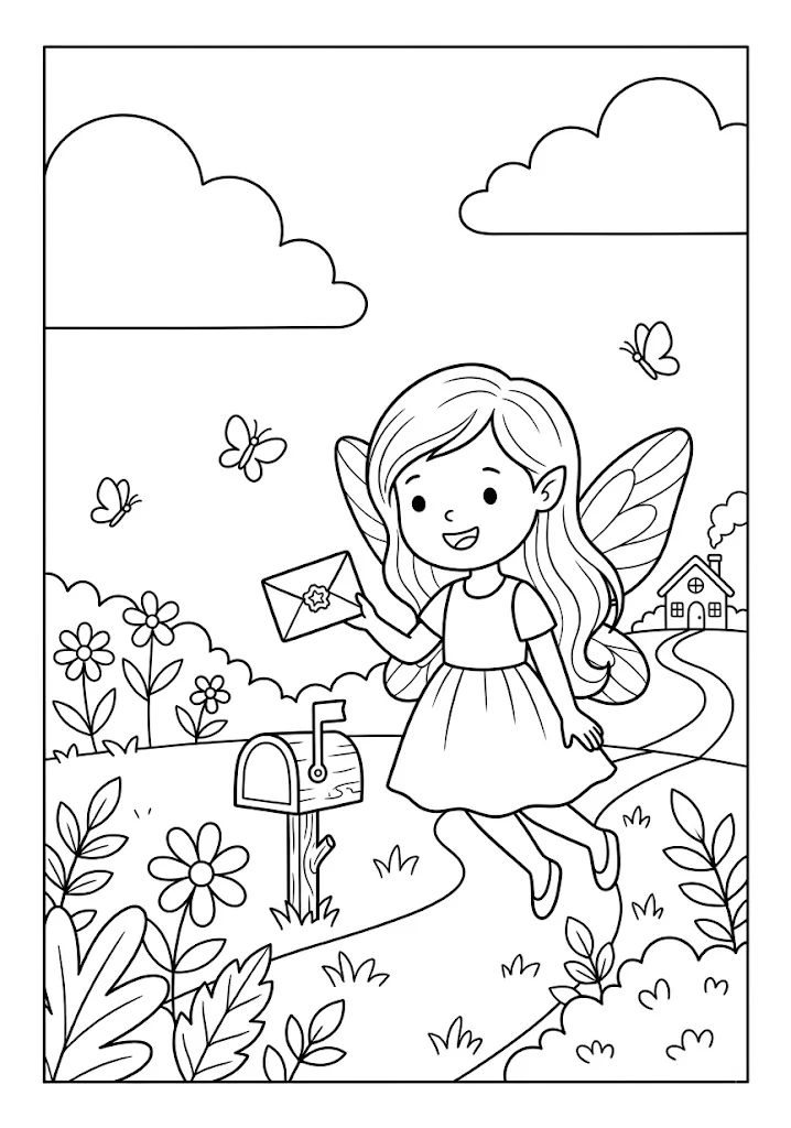 A cute fairy floating next to a wooden mailbox holding an envelope letter in a garden path Fairy Coloring Pages
