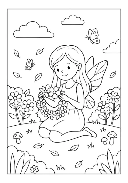 A cute fairy kneeling in a meadow holding a woven flower crown surrounded by butterflies and daisies Fairy Coloring Pages