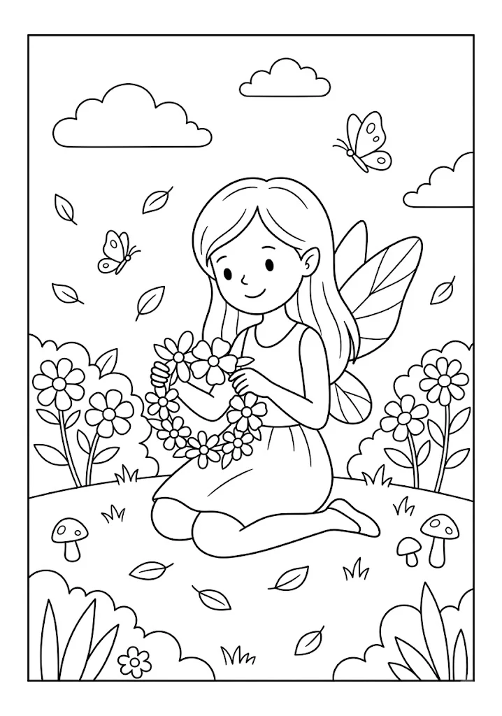 A cute fairy kneeling in a meadow holding a woven flower crown surrounded by butterflies and daisies Fairy Coloring Pages
