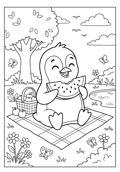 Cute penguin enjoying a juicy watermelon slice on a picnic blanket near a basket of apples a pond and flowers Penguin Coloring Pages