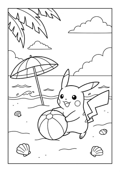 Cute Pikachu playing with a beach ball on a sandy shore with beach umbrella palm leaves and seashells Pokemon Coloring Pages