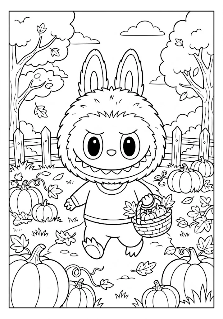 A cute monster walking through a pumpkin patch carrying a basket in autumn Labubu coloring pages