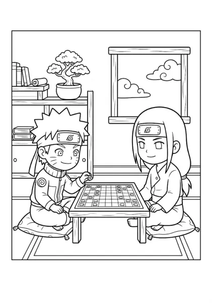 Chibi Naruto and Neji sitting indoors playing a traditional Japanese board game coloring page