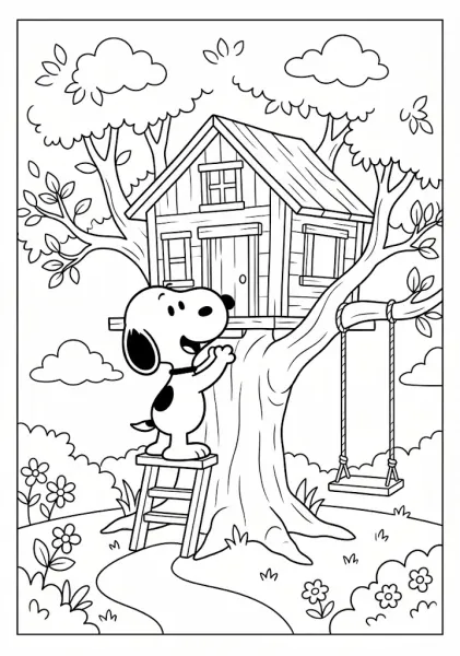 Snoopy standing on a stool reaching up to a wooden treehouse with a swing attached Snoopy Coloring Pages
