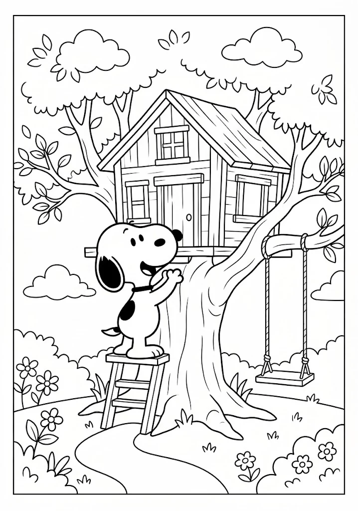 Snoopy standing on a stool reaching up to a wooden treehouse with a swing attached Snoopy Coloring Pages
