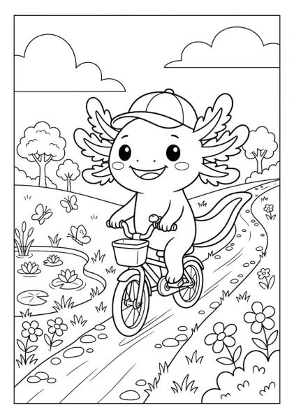 Cute axolotl wearing a cap riding a bicycle along a dirt path near a pond Axolotl Coloring Pages