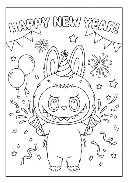 A festive Labubu monster celebrating Happy New Year with fireworks in Labubu coloring pages