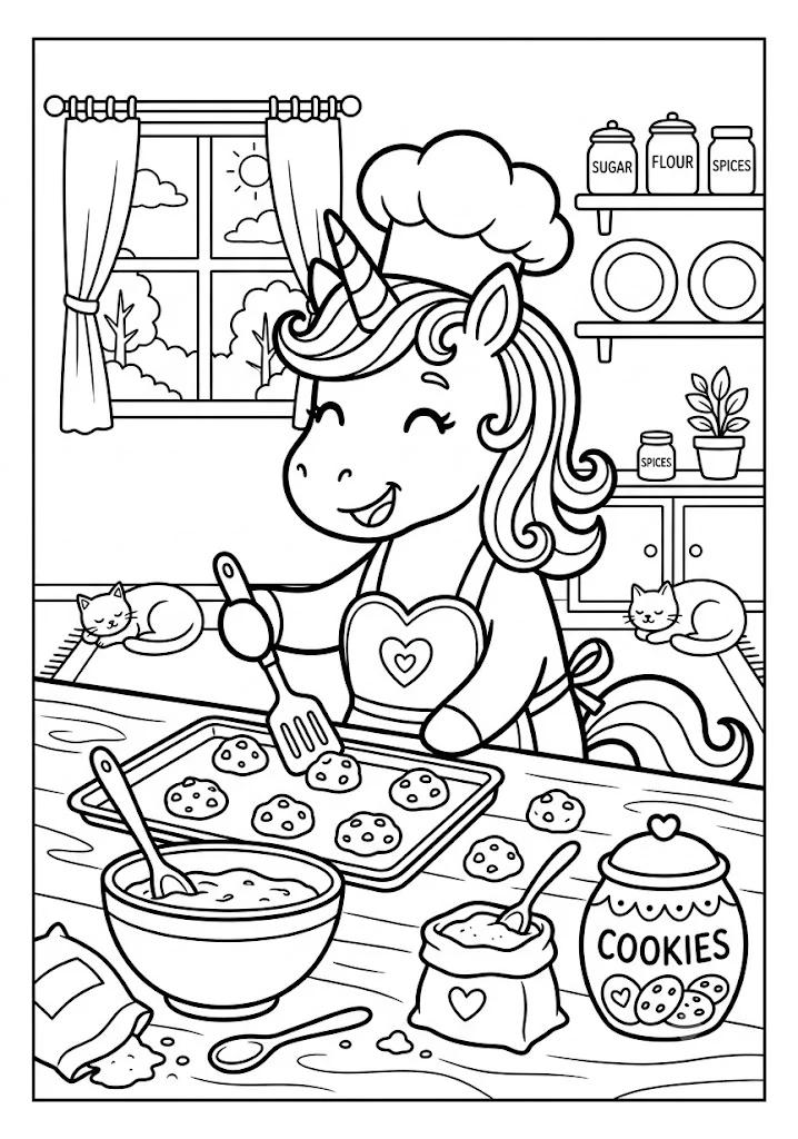 Cute unicorn baker wearing a chef hat baking cookies in a cozy kitchen