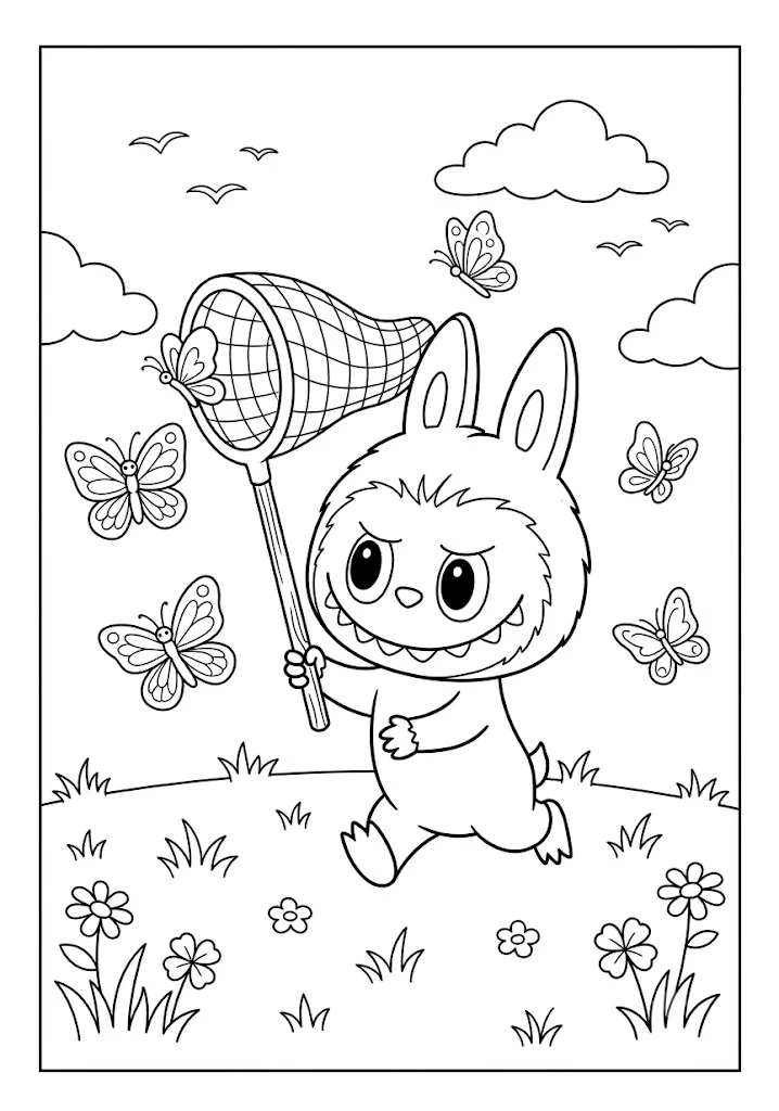 A playful monster character running with a butterfly net in featured outdoor Labubu coloring pages