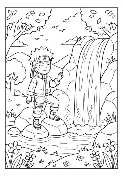 Cute chibi Naruto standing on rocks in a river near a waterfall coloring page