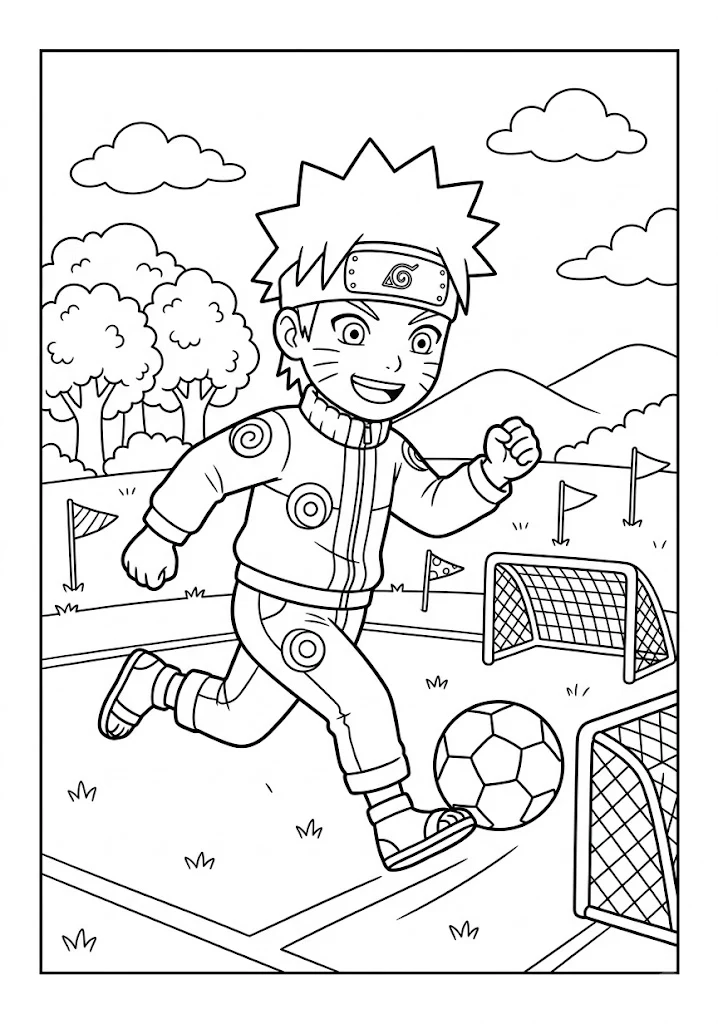 Chibi Naruto running and kicking a soccer ball towards a goal post coloring page