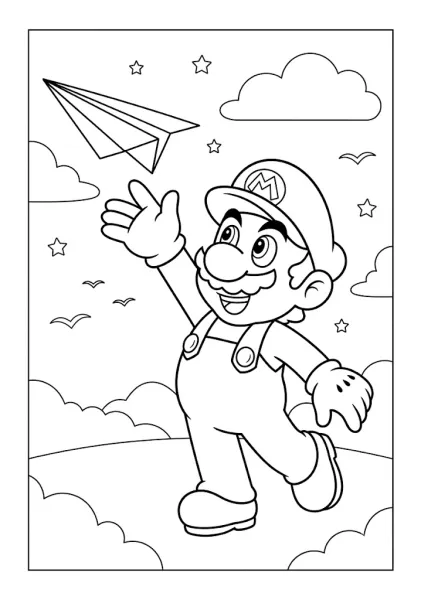Mario throwing a paper airplane into the sky under clouds and stars Mario Coloring Pages