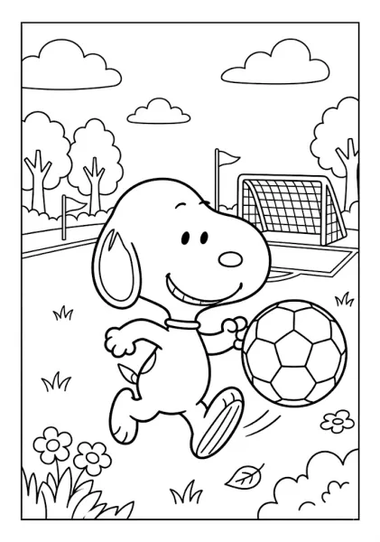 Snoopy running with a soccer ball on a sports field near a soccer goal Snoopy Coloring Pages