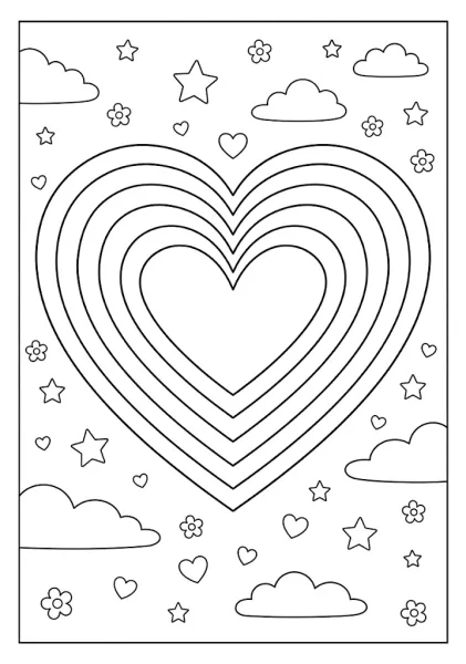 Simple coloring page of a big concentric heart rainbow floating among stars hearts clouds and small flowers