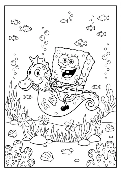 SpongeBob SquarePants holding reins while riding a friendly seahorse on the ocean floor SpongeBob Coloring Pages