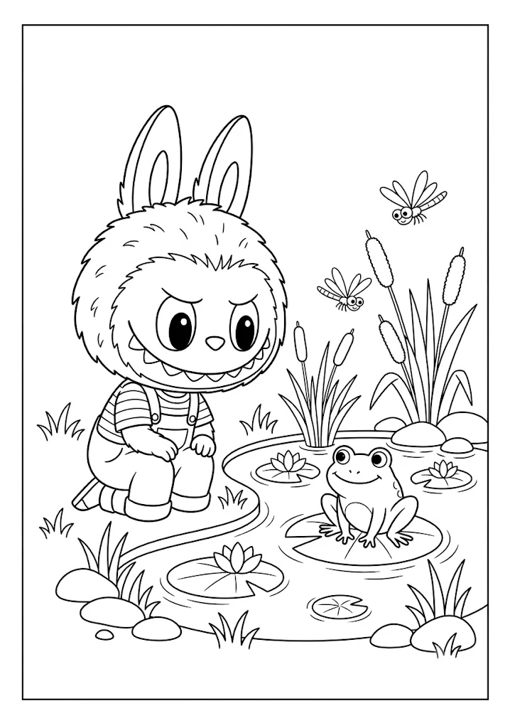 A curious monster character sitting by a pond looking at a frog on featured Labubu coloring pages