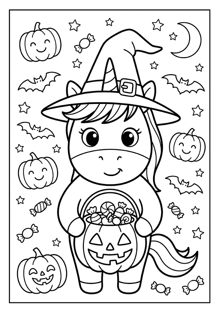 Cute unicorn dressed as a witch holding a pumpkin trick-or-treat basket full of candy