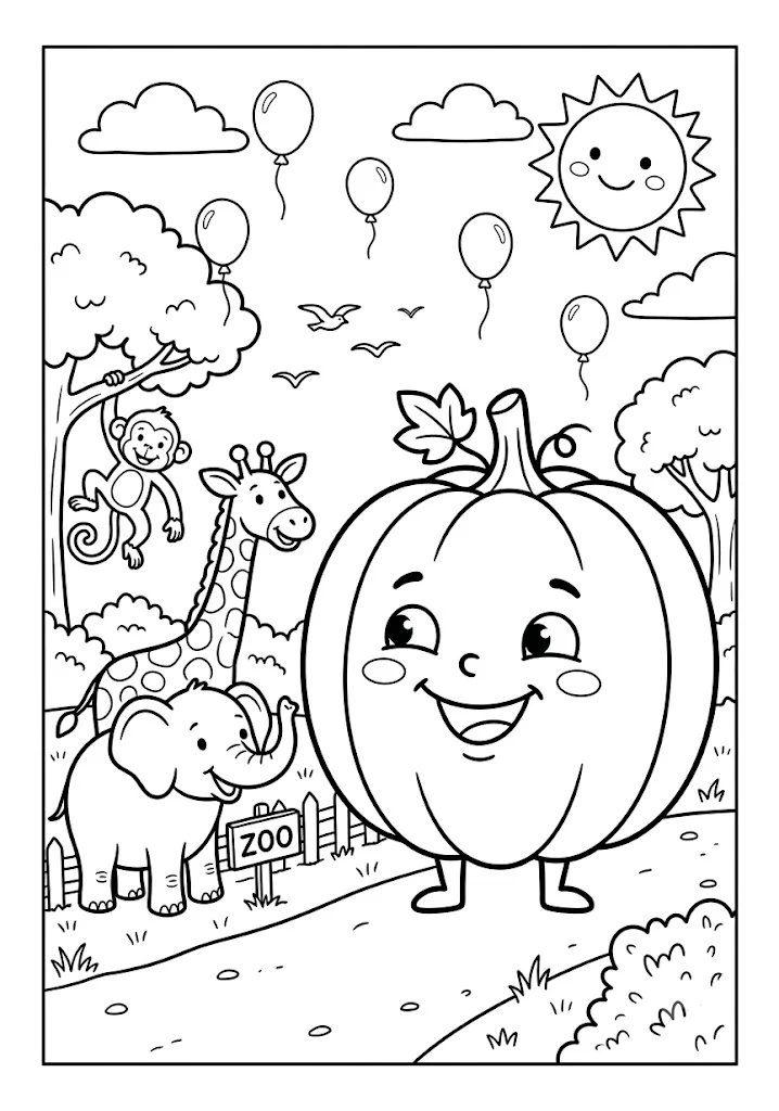 Cute pumpkin visiting a zoo standing near a baby elephant, giraffe, monkey in a tree, and balloons under a smiling sun Pumpkin Coloring Pages