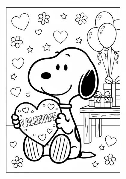 Snoopy holding a big heart-shaped card that says Valentine near gifts and balloons Snoopy Coloring Pages