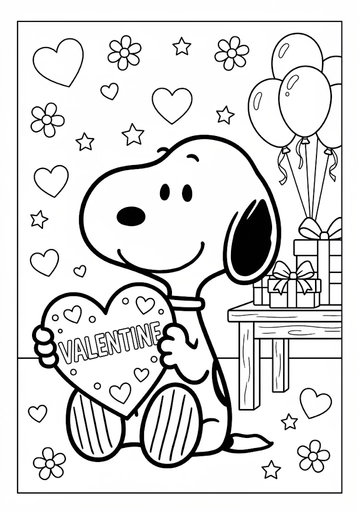 Snoopy holding a big heart-shaped card that says Valentine near gifts and balloons Snoopy Coloring Pages
