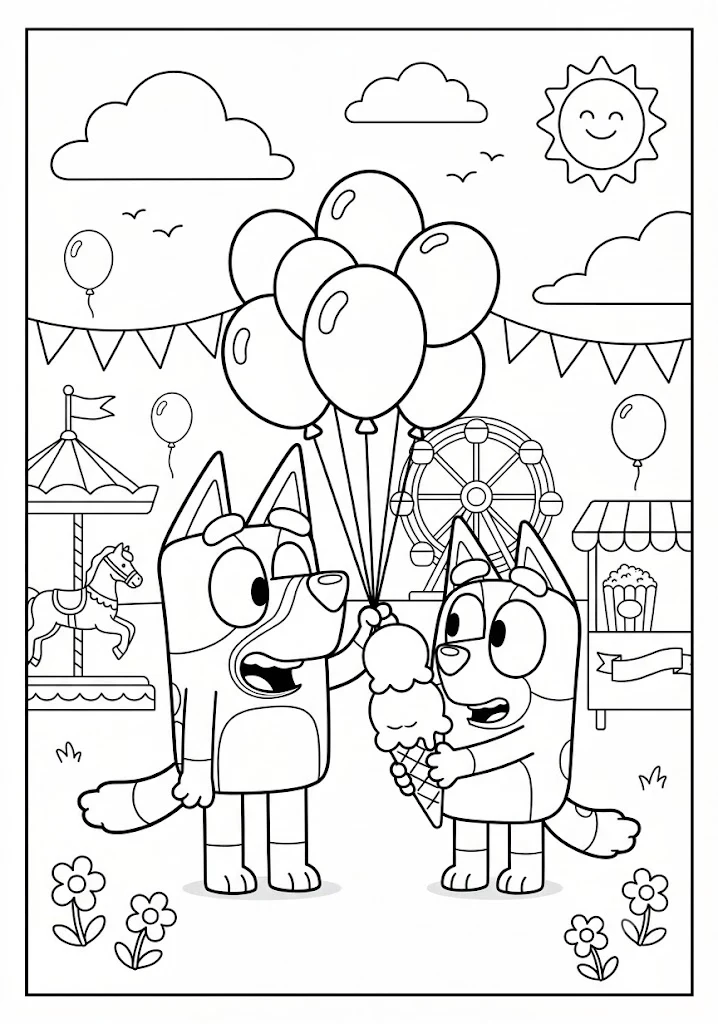 Bluey holding a big bunch of balloons while Bingo holds a multi scoop ice cream cone at a carnival