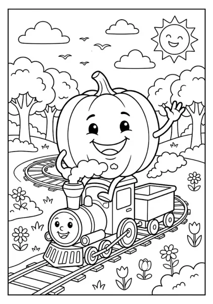 Cute pumpkin riding on top of a toy steam train riding along tracks through a park with flowers trees and a smiling sun Pumpkin Coloring Pages