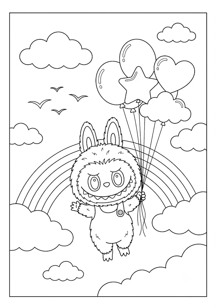 A cute monster character floating with balloons near a rainbow in fun Labubu coloring pages