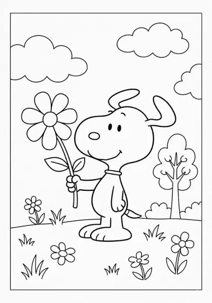 Snoopy standing on a grassy field holding a giant daisy flower Snoopy Coloring Pages