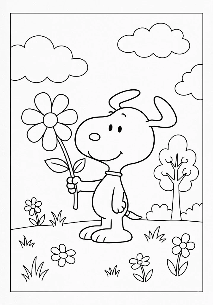 Snoopy standing on a grassy field holding a giant daisy flower Snoopy Coloring Pages