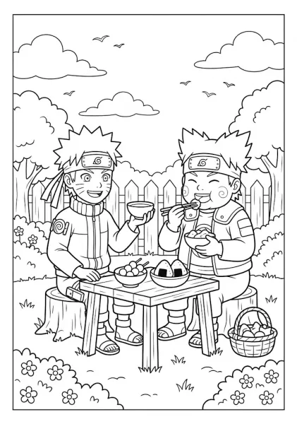 Chibi Naruto and Choji sitting at a wooden table eating snacks coloring page