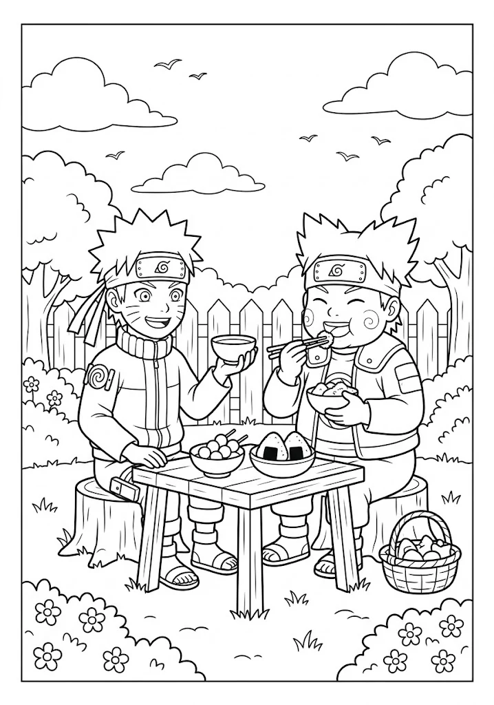 Chibi Naruto and Choji sitting at a wooden table eating snacks coloring page
