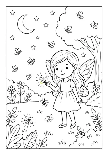A cute fairy holding out her hand to a glowing firefly in a night garden under a crescent moon Fairy Coloring Pages