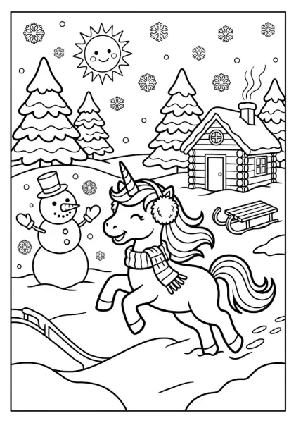 A cute unicorn wearing a scarf and earmuffs playing in the snow near a snowman, cabin, and pine trees