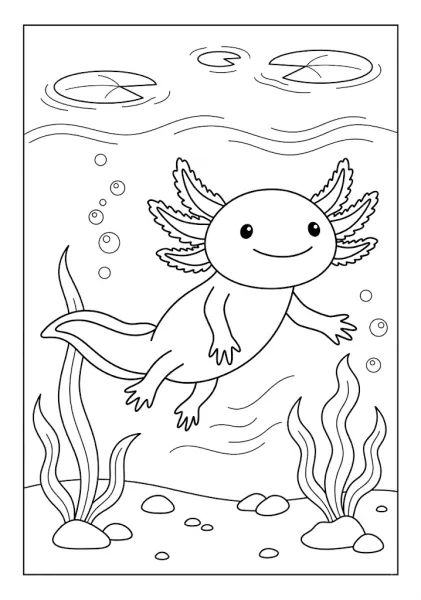 Cute axolotl swimming underwater with water lilies floating on the surface Axolotl Coloring Pages