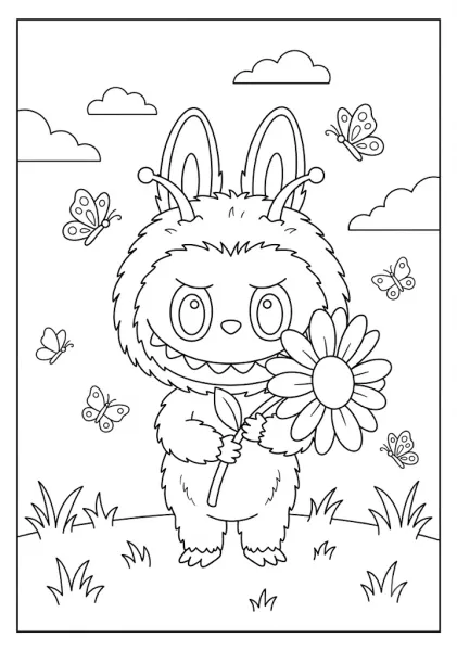 A sweet Labubu monster holding a giant daisy flower in adorable printable Labubu coloring pages