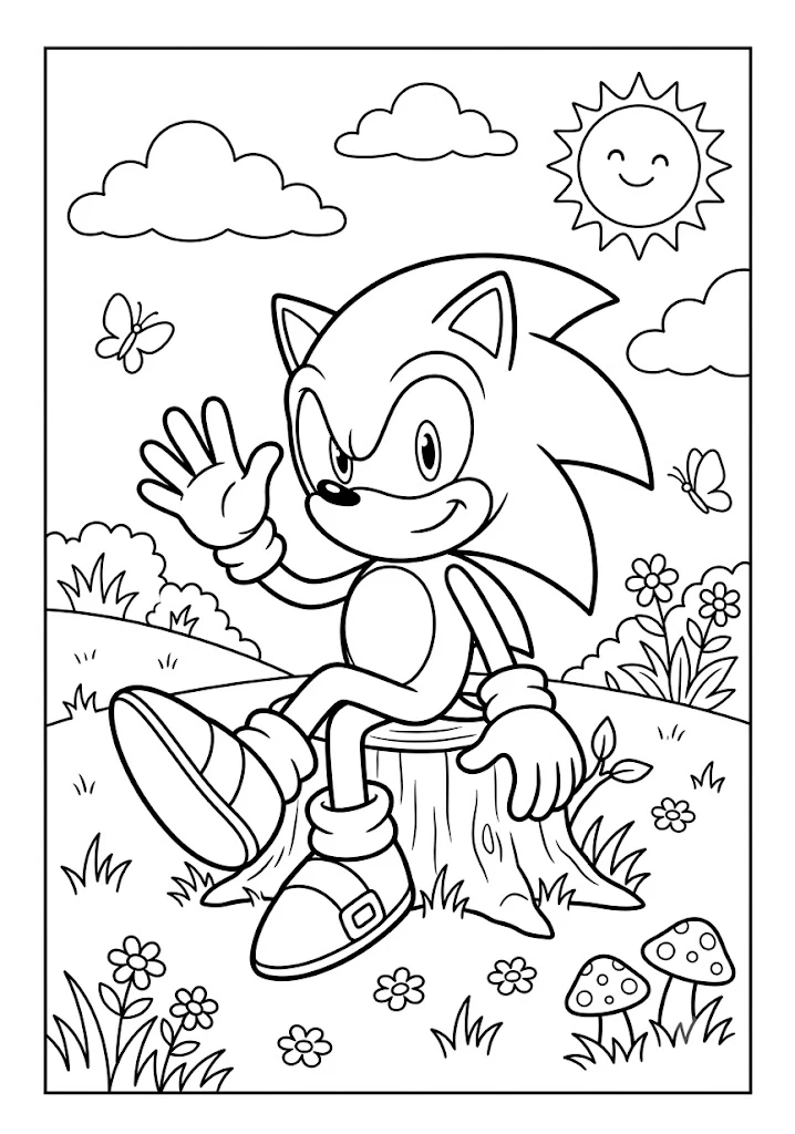 Sonic holding a large golden ring in front of palm trees and flowers under a bright sun Sonic Coloring Pages