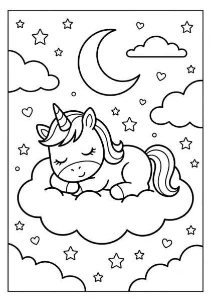 Black and white outline of a cute unicorn sleeping peacefully on a fluffy cloud under a crescent moon