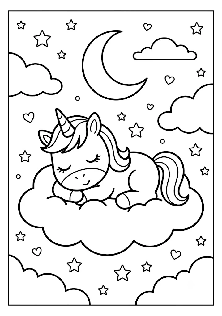 Black and white outline of a cute unicorn sleeping peacefully on a fluffy cloud under a crescent moon